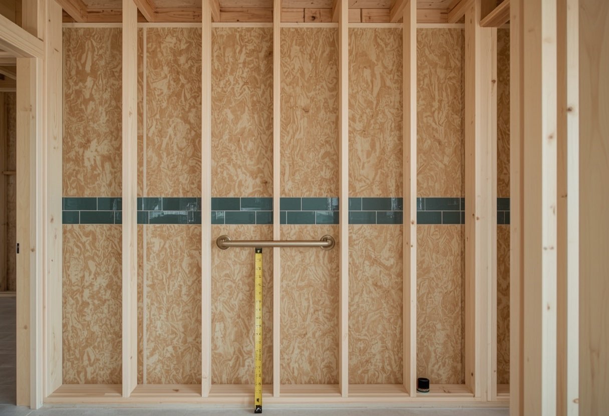 Plywood blocking installed between wall studs as structural backing for grab bars