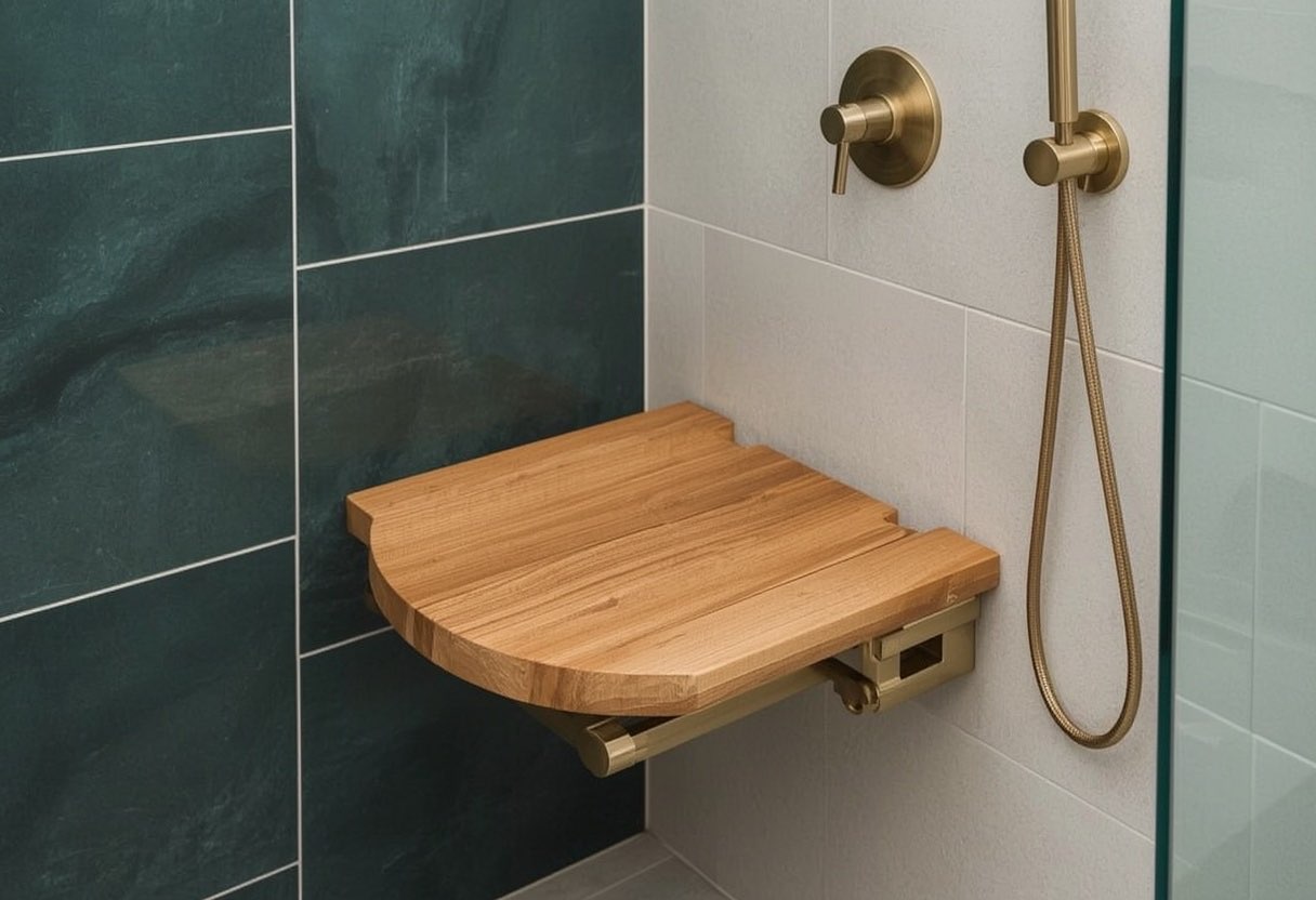 A fold-down seat with the handheld on a slide bar within reach of the seated position. The reach matters as mu