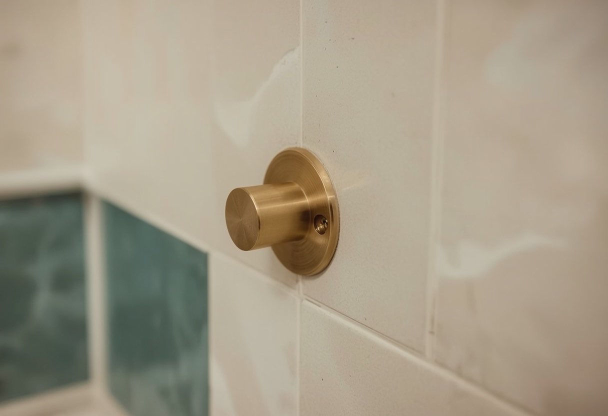The flange bolted through tile into structure behind. What holds the bar is the blocking, not the tile.
