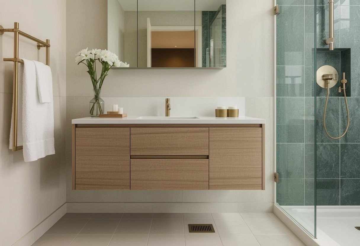 A wall-hung vanity with genuine knee clearance. The trap is insulated, because a seated user cannot feel a hot