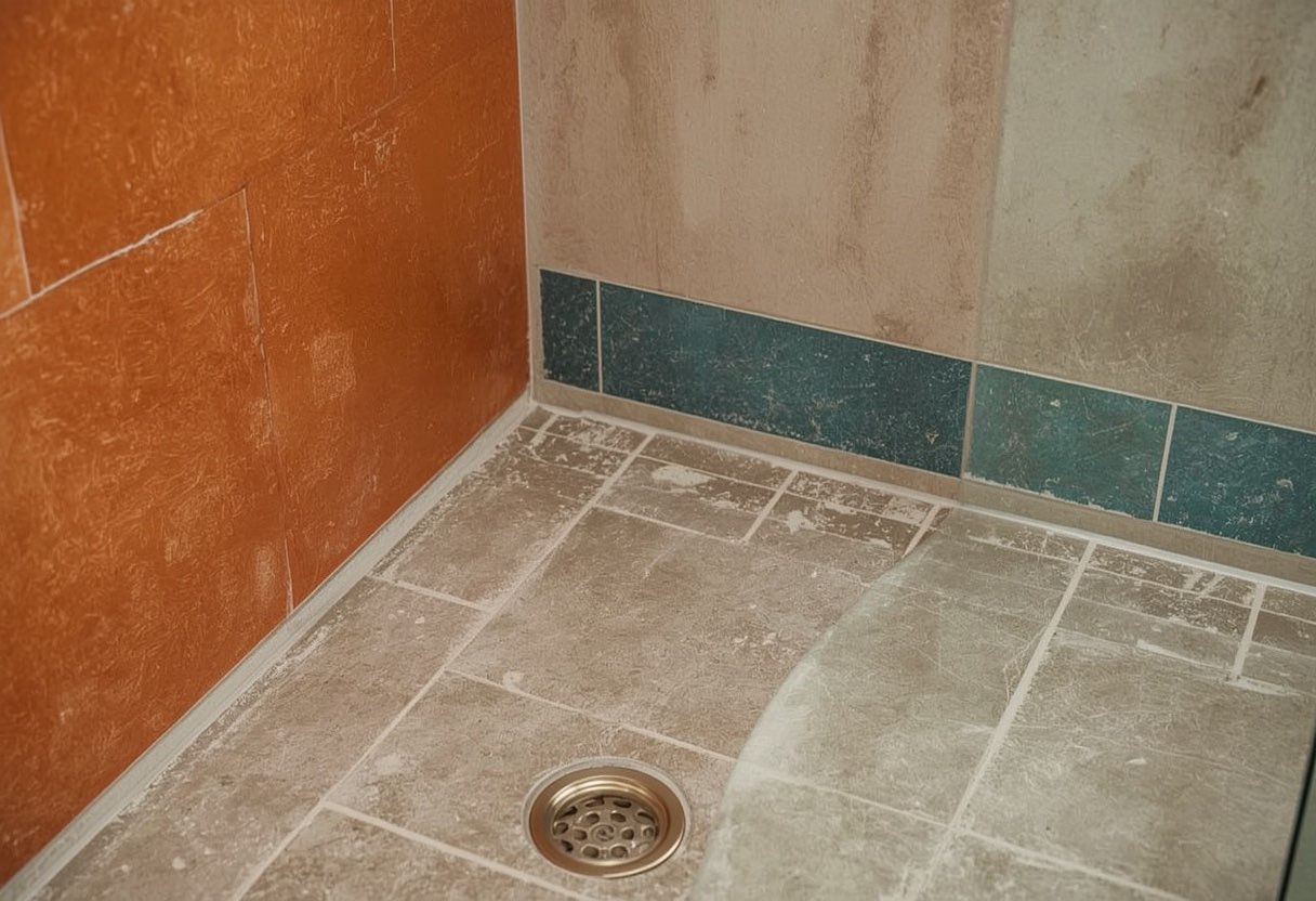 Waterproofing membrane applied to shower walls and floor with banded seams